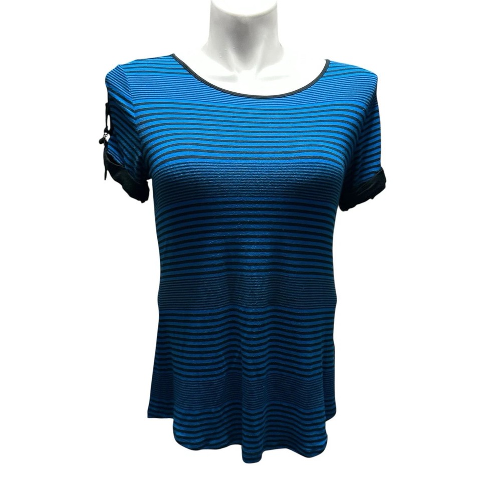 Michael Kors Women’s Top AnaCapri Blue Black Striped Short Sleeve Large Shirt