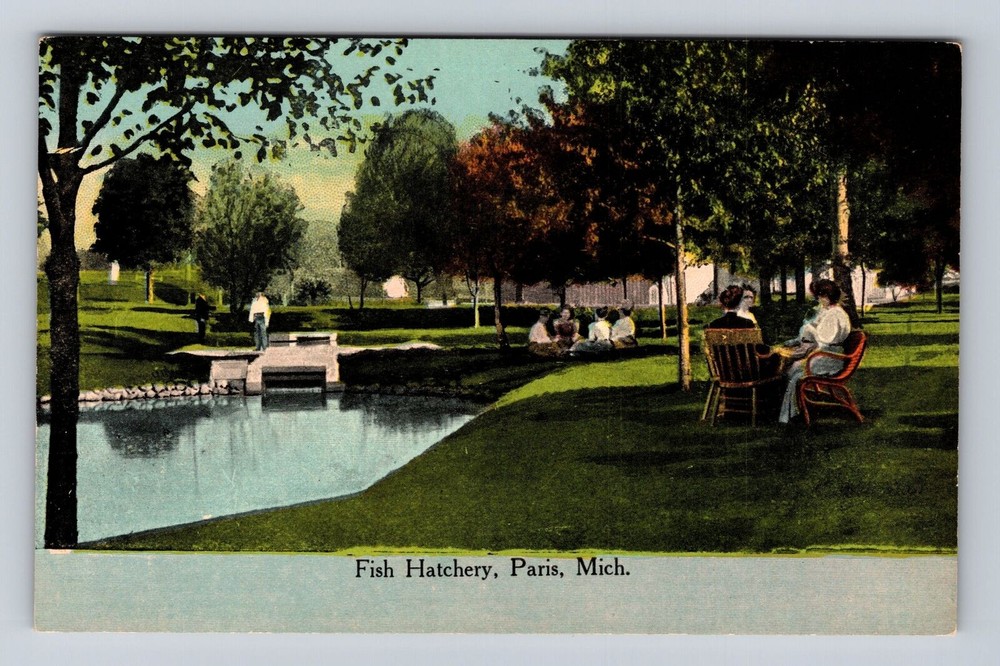 Paris MI-Michigan, Fish Hatchery, Ladies & Gents, Pond, Vintage Postcard