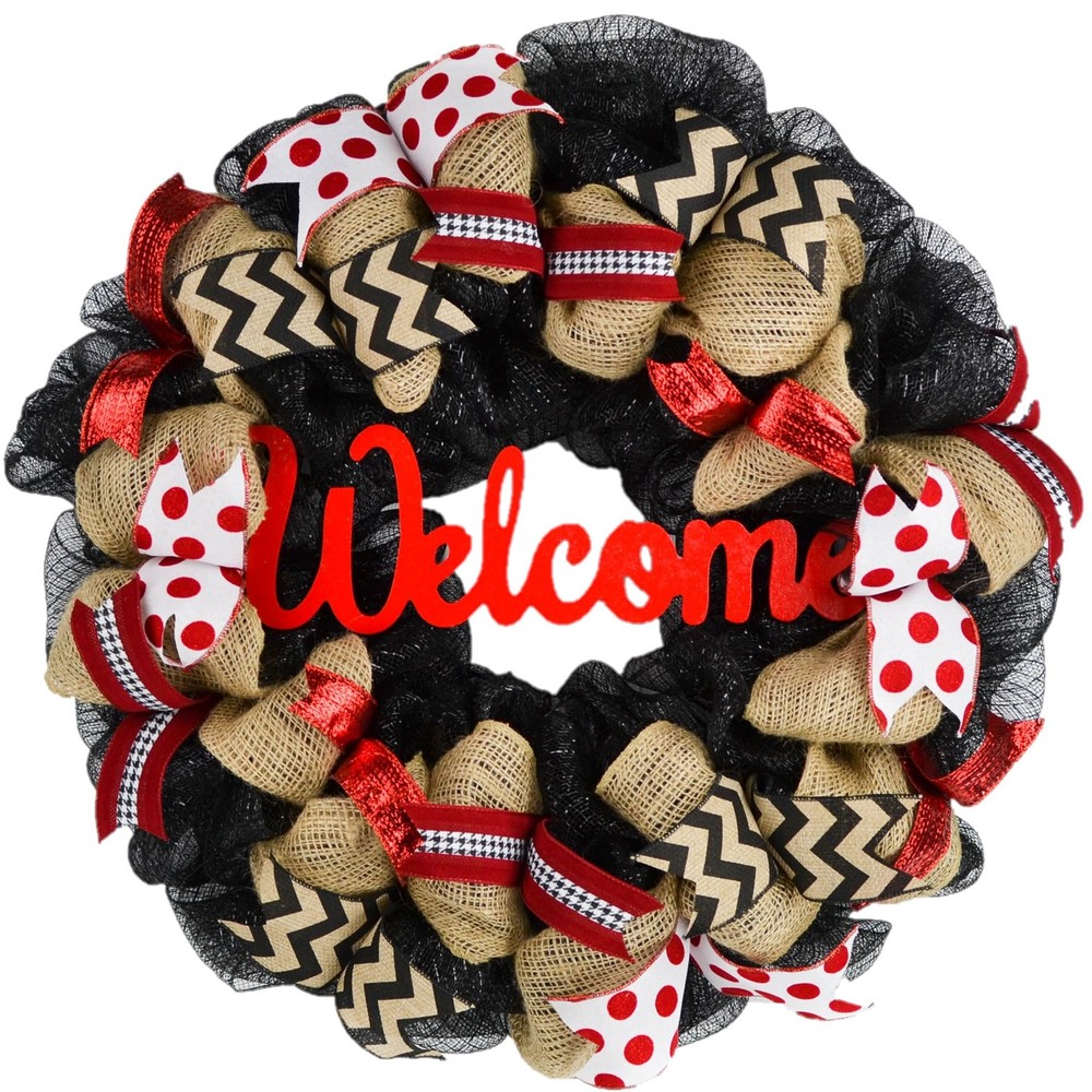 Black Red Burlap Welcome Wreath with White Chevron for Front Door