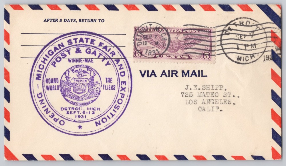 Detroit, Michigan State Fair cachet, Airmail Cover, 1931 5c ACE