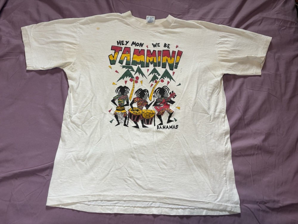 Vintage Bahamas Shirt Mens XL White Rasta Hey Mon We Be Jammin Dorsett Tees