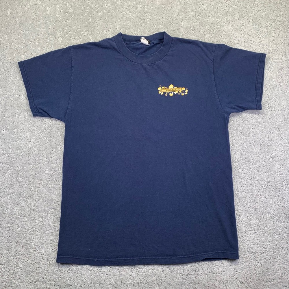 Vintage Silver Strand T Shirt Size Large Navy Blue Surf Hawaiian Aloha Y2k