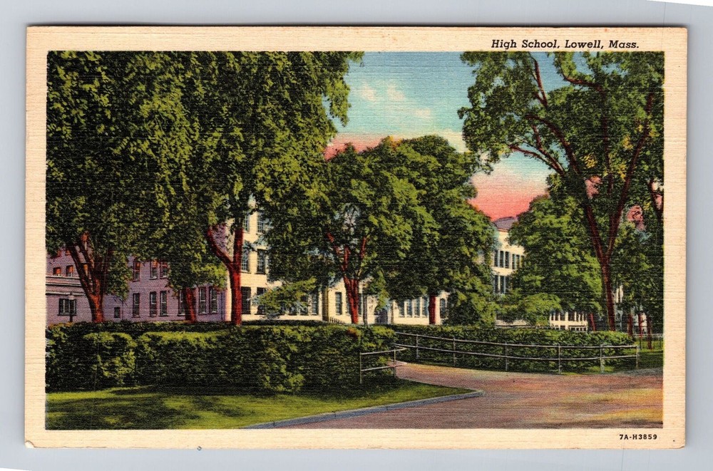 Lowell MA-Massachusetts, High School, c1945 Antique Vintage Souvenir Postcard