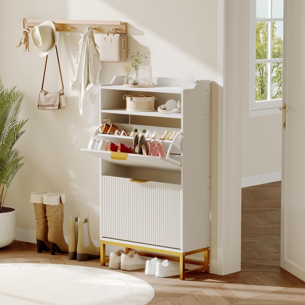 Shoe Cabinet Organizer with 2 Flip Drawers and Open Shelves for Entryway Storage