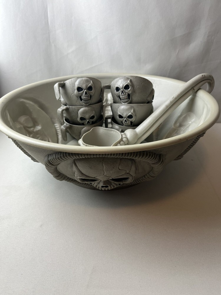 Vintage Easter Unlimited Halloween Skeleton Skull Punch Bowl Set. Party Decor