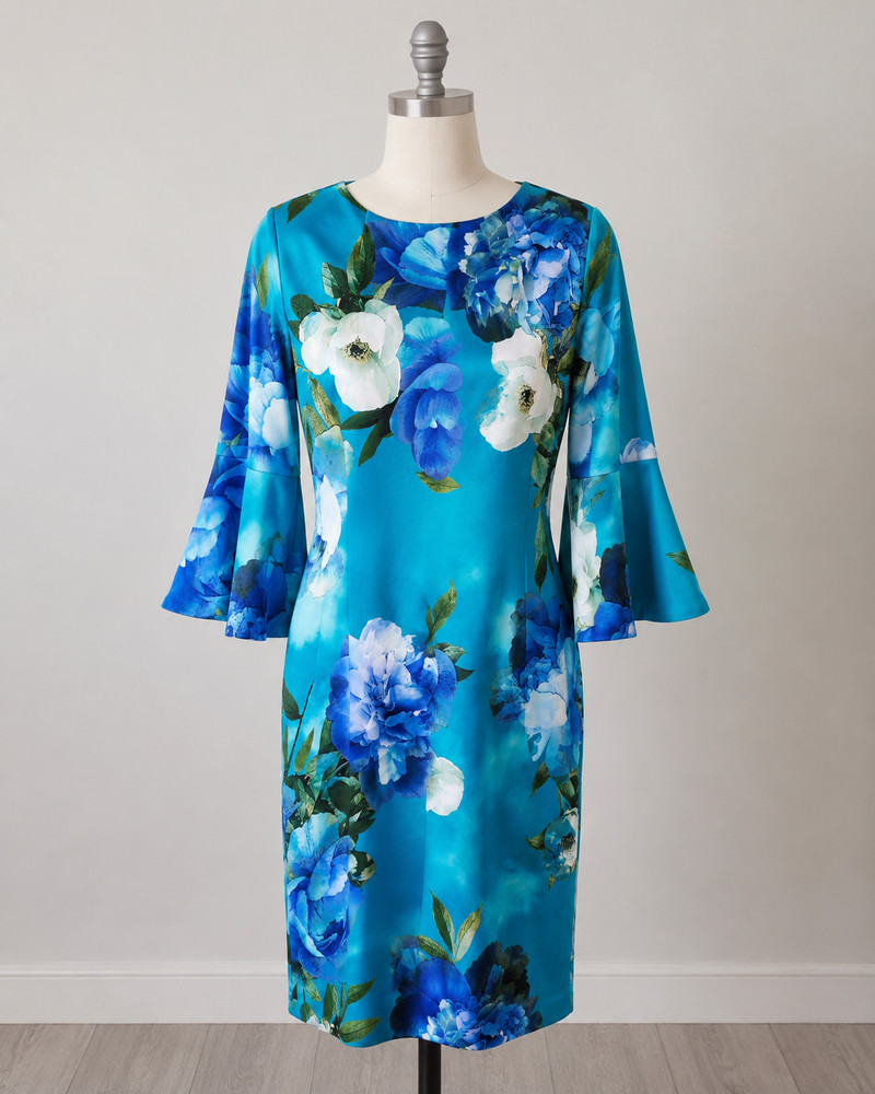 Calvin Klein Teal Blue Floral Bell Sleeve Sheath Dress Size 12