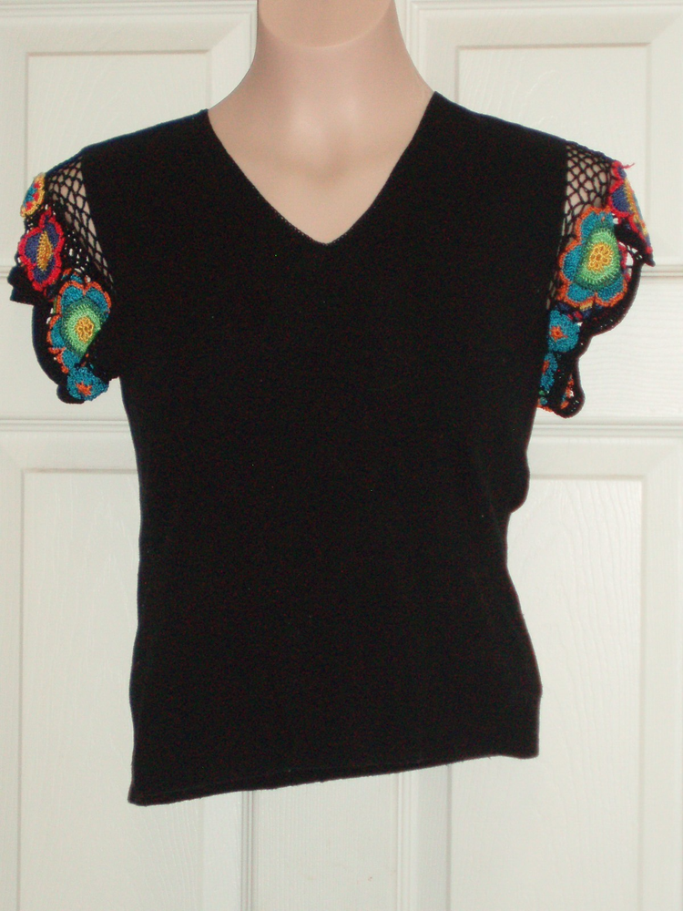 Joseph A Black Silk Knit Crochet Short Sleeve Pullover Size Small