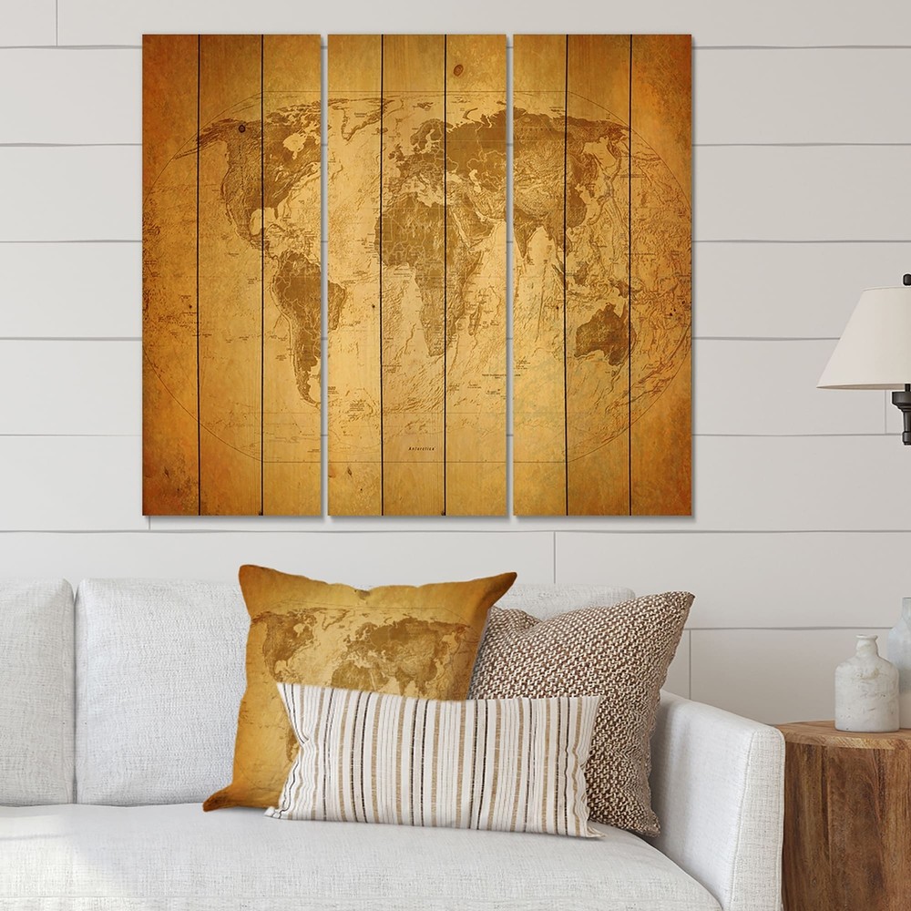 Designart 'Ancient Map of The World X' Vintage Print on Natural Pine Wood - 3