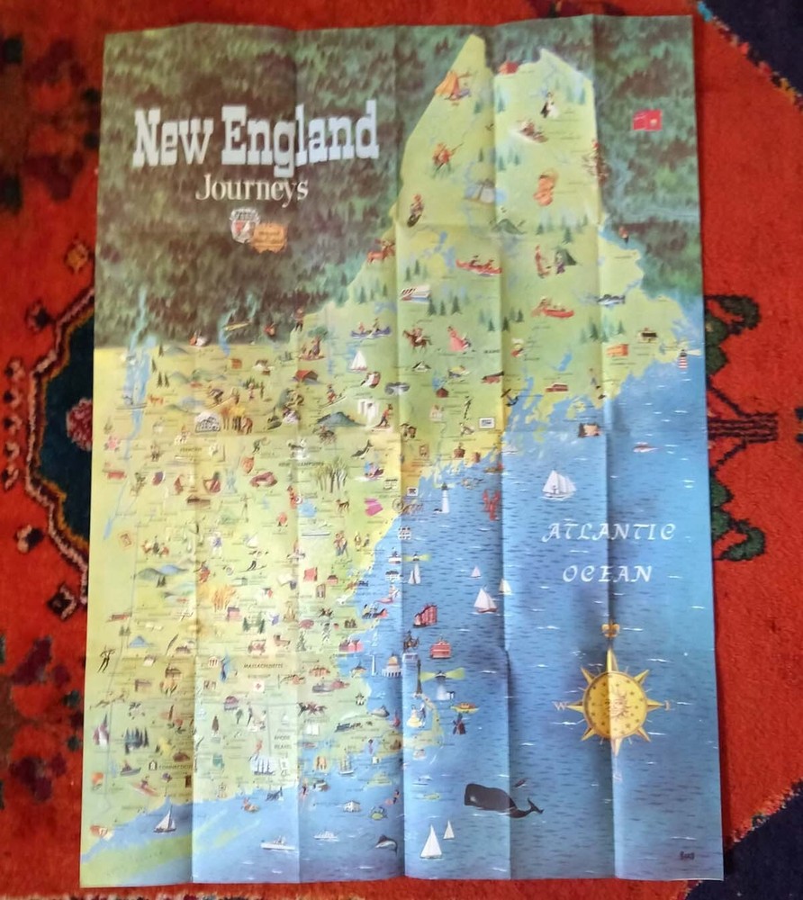 Vintage FORD Dealers NEW ENGLAND Journeys Map Painted poster automotive 1950s