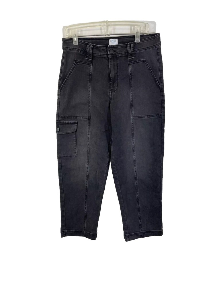 Time and Tru Women's Black High-Rise Cropped Cargo Jeans Size 12 Dark Wash