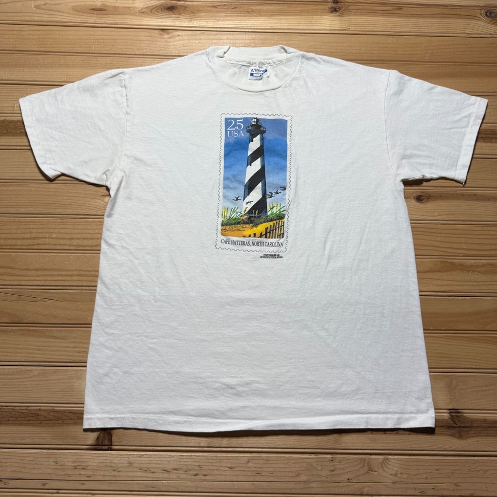 Vintage 1989 Cape Hatteras North Carolina Lighthouse Postage Stamp Shirt USA XL