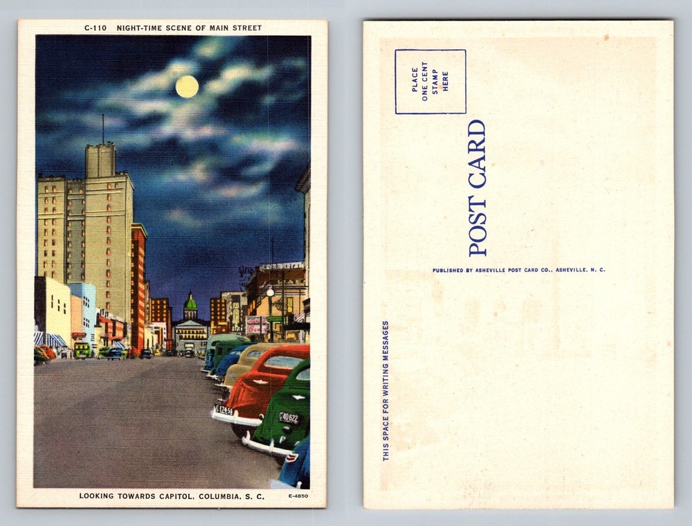 Columbia, SC-South Carolina, Main Street Night Toward Capitol Vintage Postcard