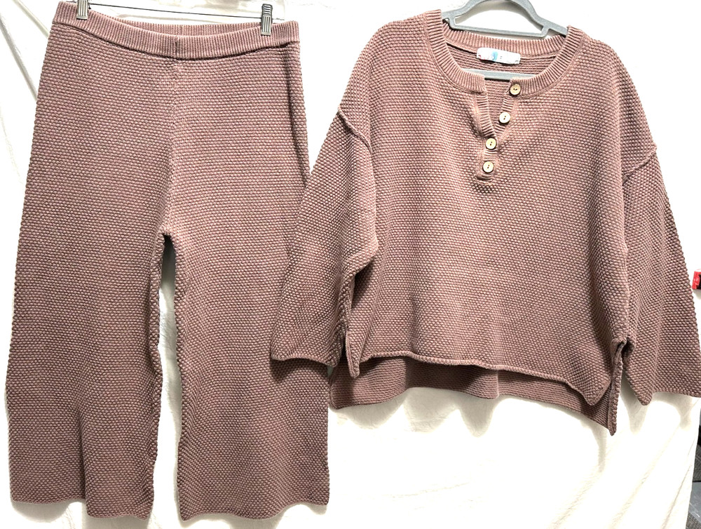 FP Beach Free People Hailee Size Medium Light Brown Waffle Knit Lounge Set