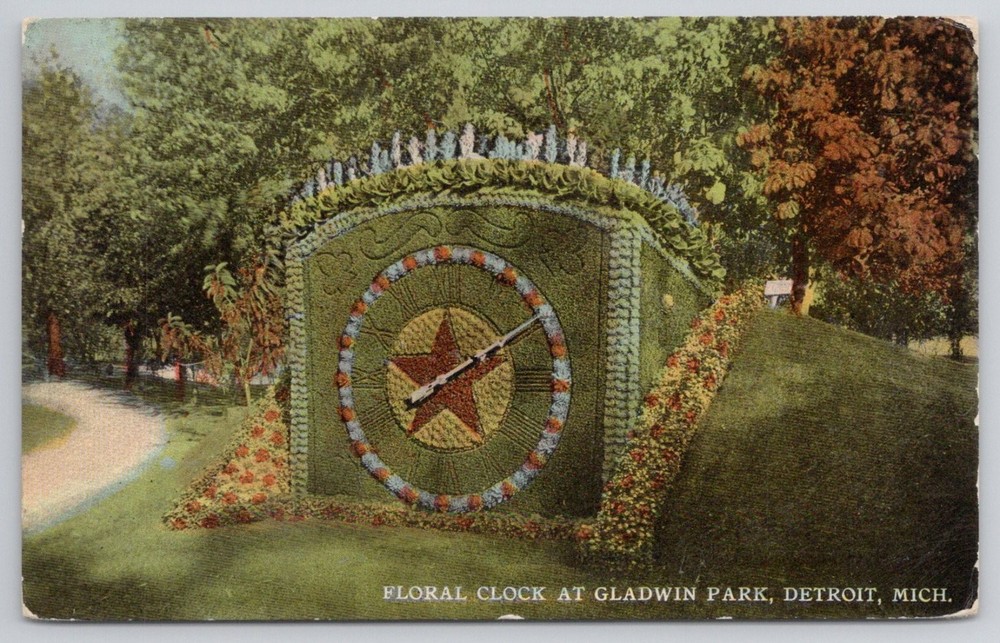 Gladwin Park Floral Clock Detroit Michigan Vintage Postcard Water Power