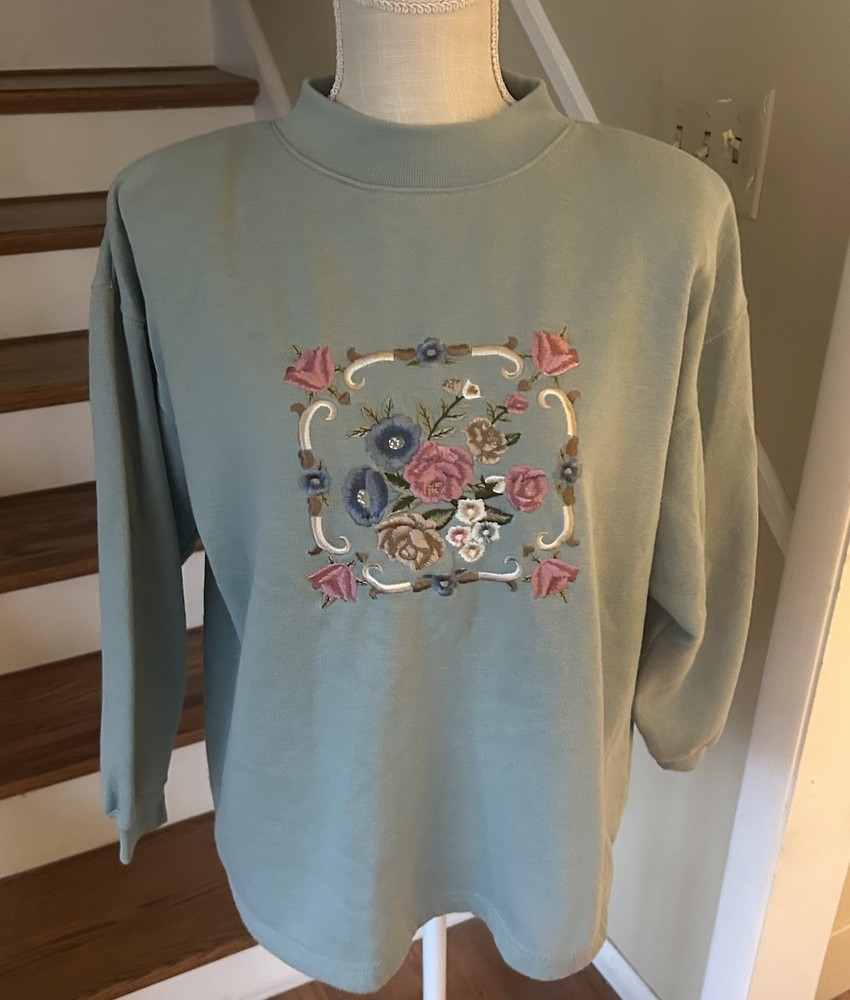 Vintage Floral Sweatshirt Womens Size Large Green 90s Y2K Granny Core Flowers