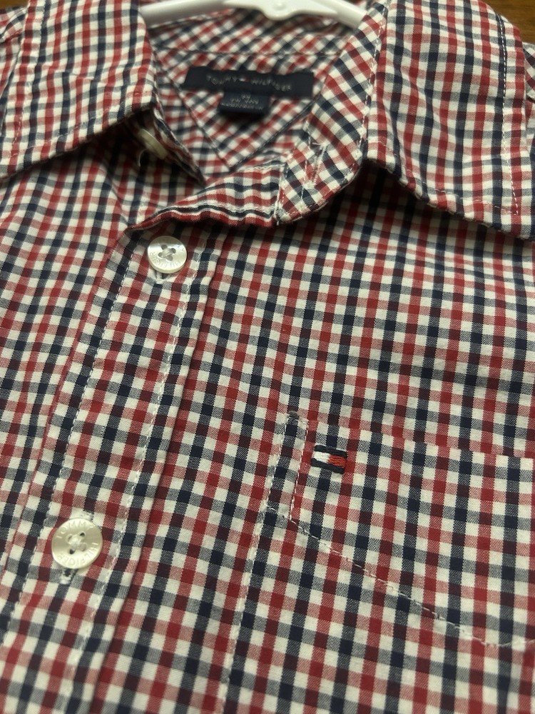 Tommy Hilfiger Boys Plaid Button-Up Shirt Red White Blue Long Sleeve M (8-10)