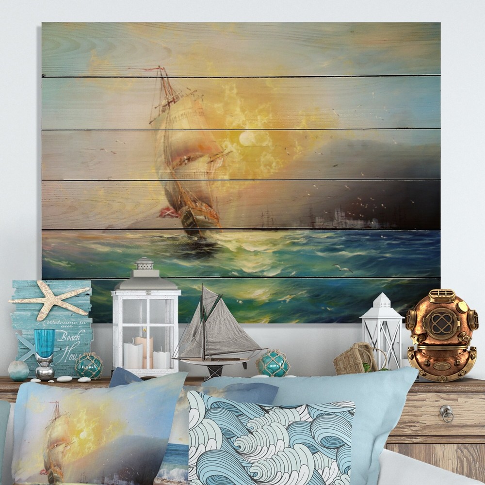 Designart 'Old Battle Sea Ship' Nautical & Coastal Wood Wall Art - Natural Pine