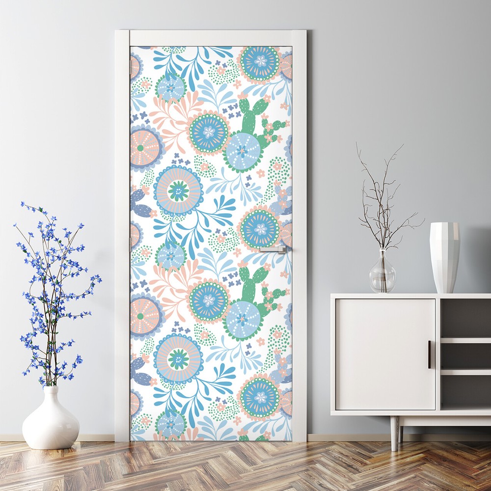 Removable Door sticker self-adhesive Colourful vintage Blue Kids Nursery Floral