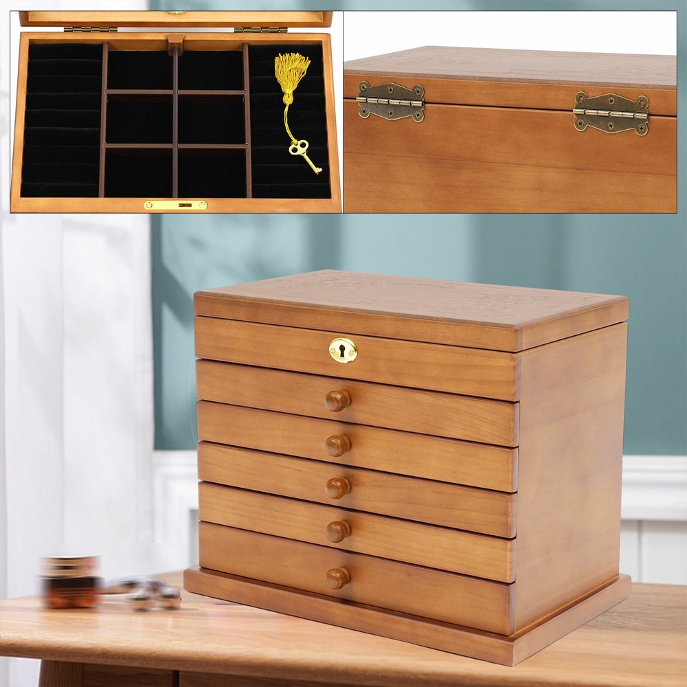 Large Capacity Wooden Jewelry Box Vintage Organizer Necklace Ring Display Boxes]