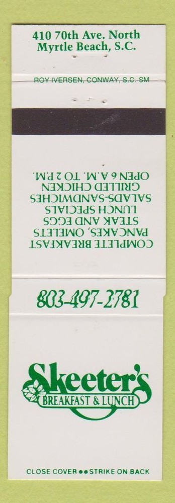 Matchbook Cover - Skeeter's Restaurant Myrtle Beach SC