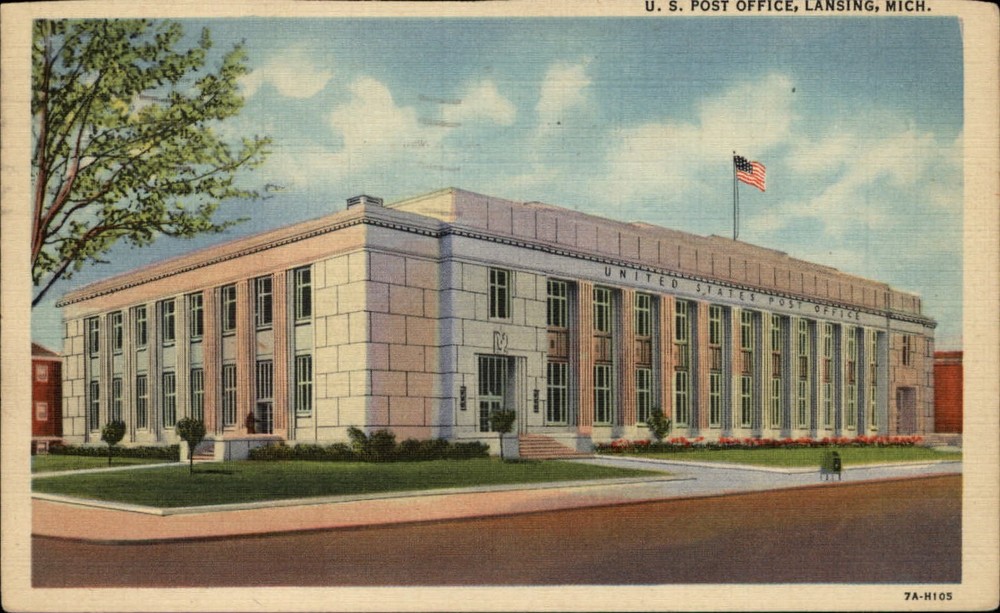 Michigan Lansing Post Office ~ dated 1950 linen postcard sku645