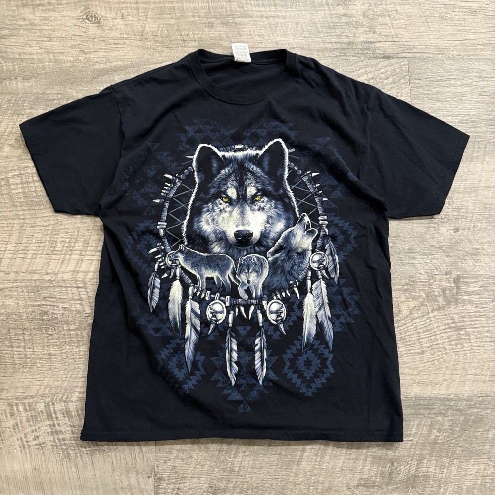 Vintage Fruit Of The Loom Wolf Print Graphic T-Shirt Size Large