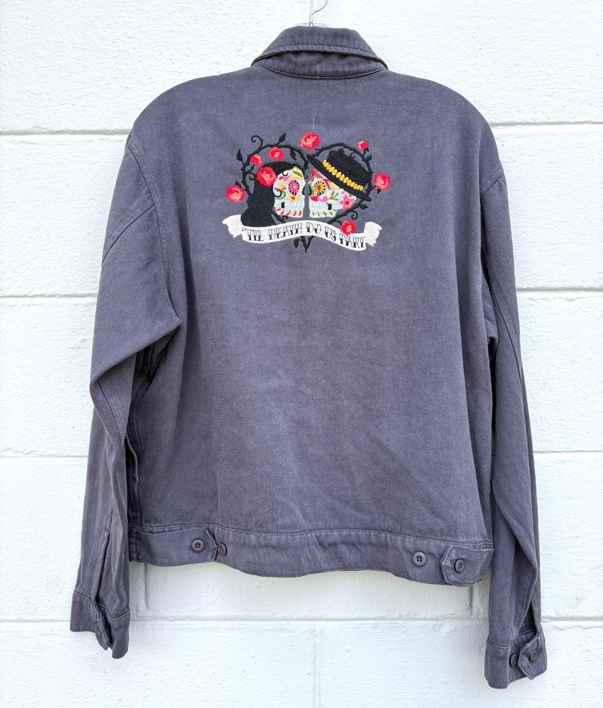 Jungmaven Grey Hemp Blend Mechanic Jacket Embroidered Sugar Skulls Size Med NWT