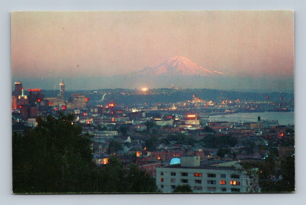 Postcard - Sunset on Mt Rainier from Queen Anne Hill - Seattle WA Union Pacific