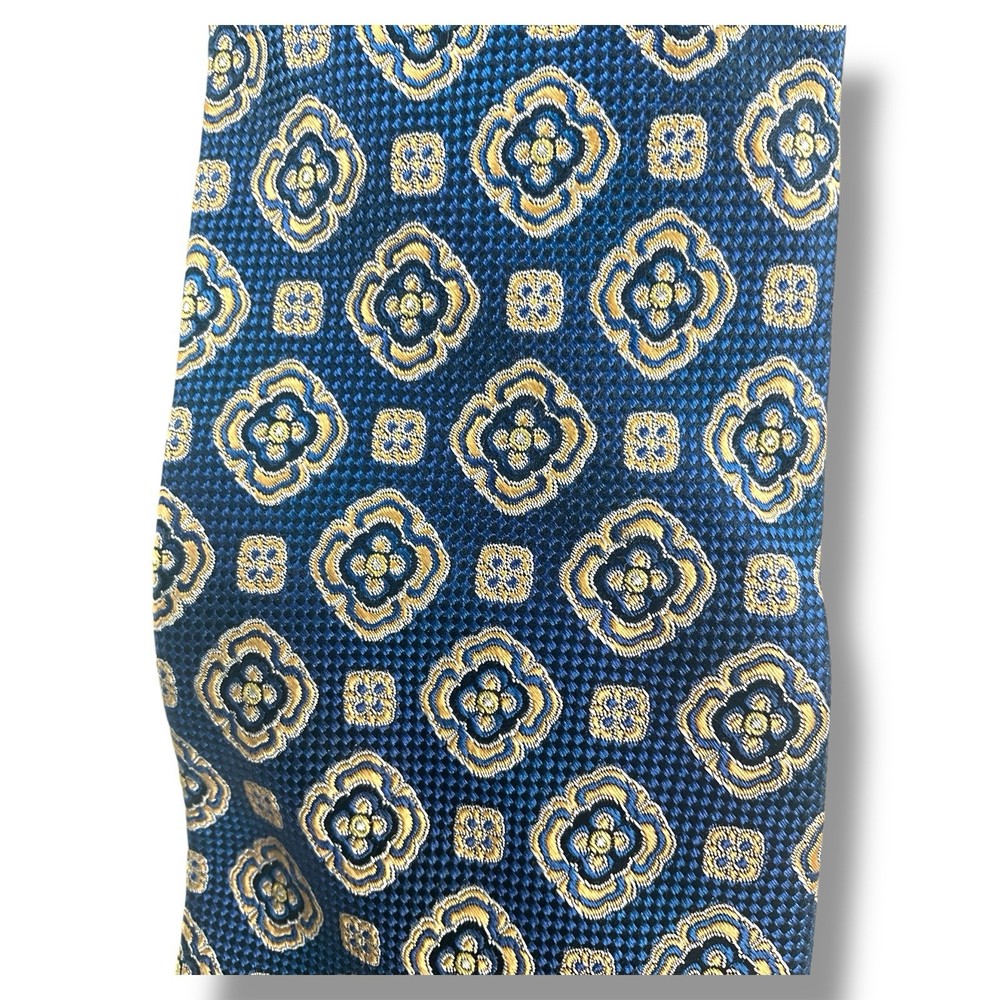 Bruno Piattelli Roma Mens Tie Silk Designer Geometric Handmade Navy Gold XLong