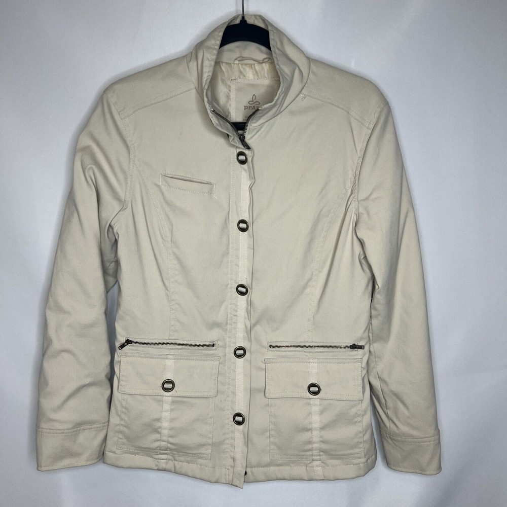Prana Size S Full Zip Jacket Soft Shell Lined Button Front Beige Women’s Pockets