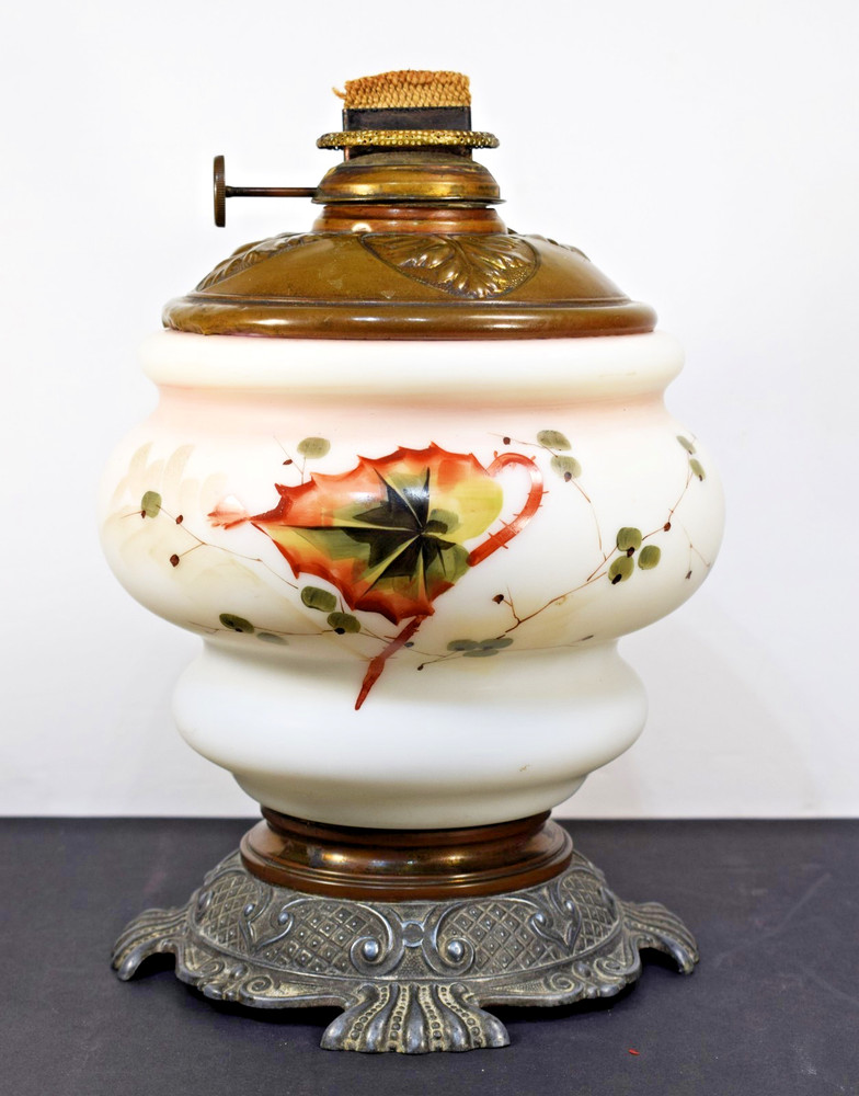 Antique Victorian Hand-Painted Milk Glass Oil Lamp, Ornate Cast Iron Base