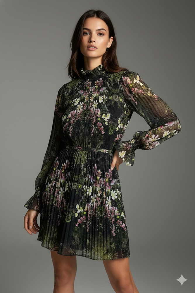 AllSaints Cora Ophelia Floral Pleated Mini Dress-Dark Green/Black - Size 6 NWT