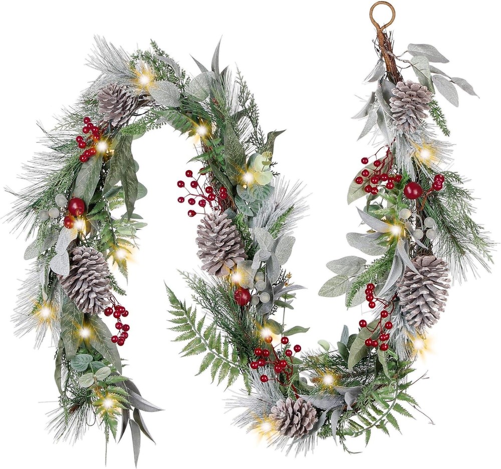 Pre-Lit Christmas Garland with Lights for Mantle, 6 feet Lighted Battery