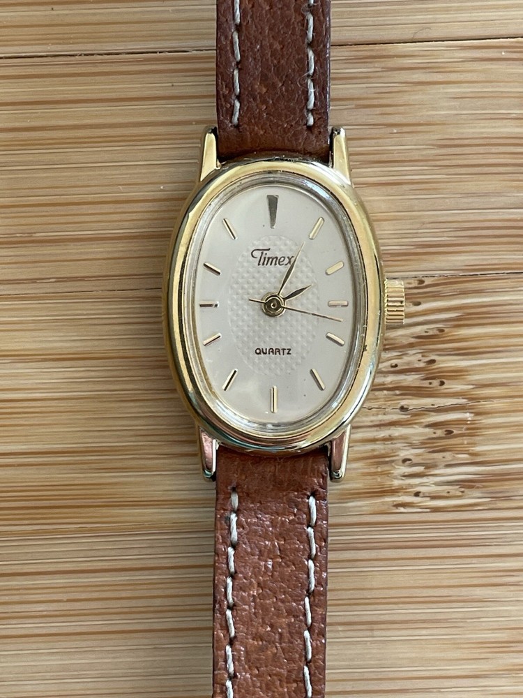 Timex Women's Gold Stainless Steel Watch with Brown Leather Strap Water Resistant Quartz