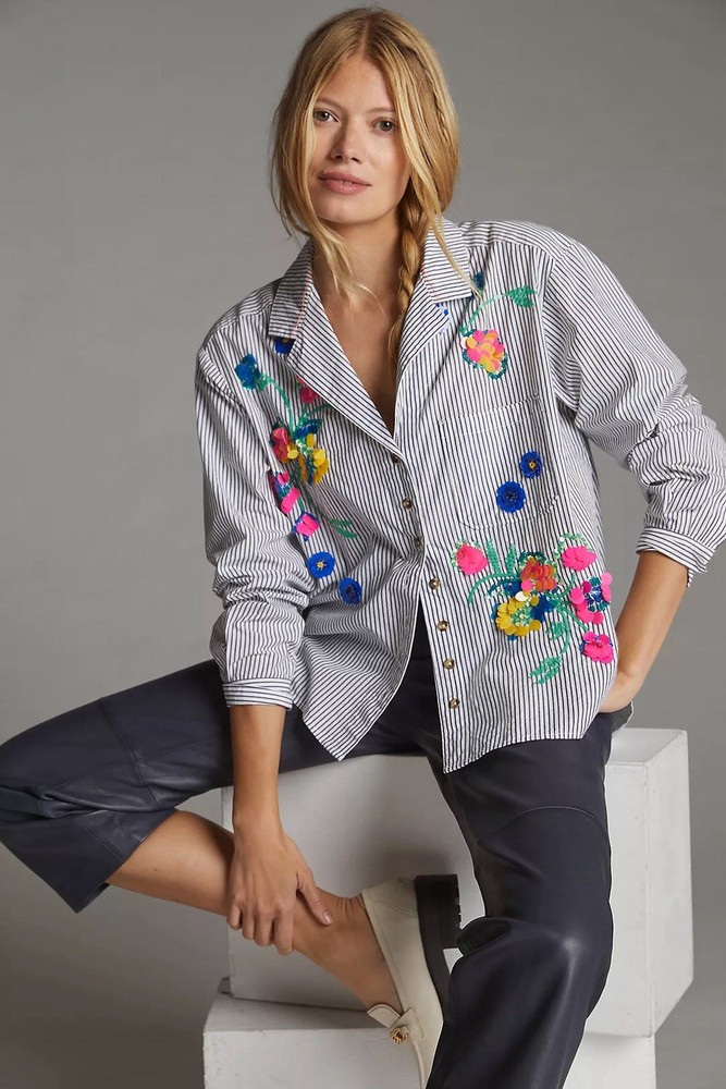 Anthropologie Maeve Embroidered Button Down Striped Size 00