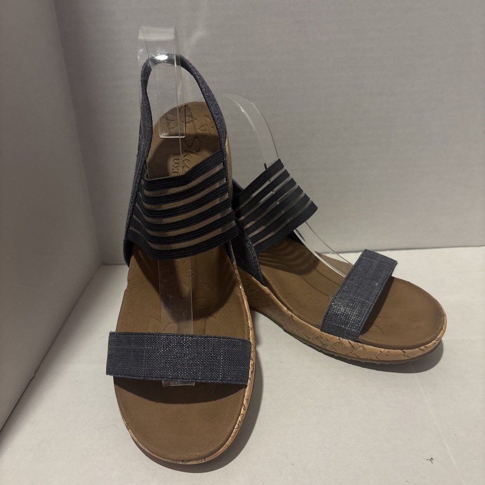 Skechers Womens Blue Luxe Foam Wedge Slingback Sandals Size 9