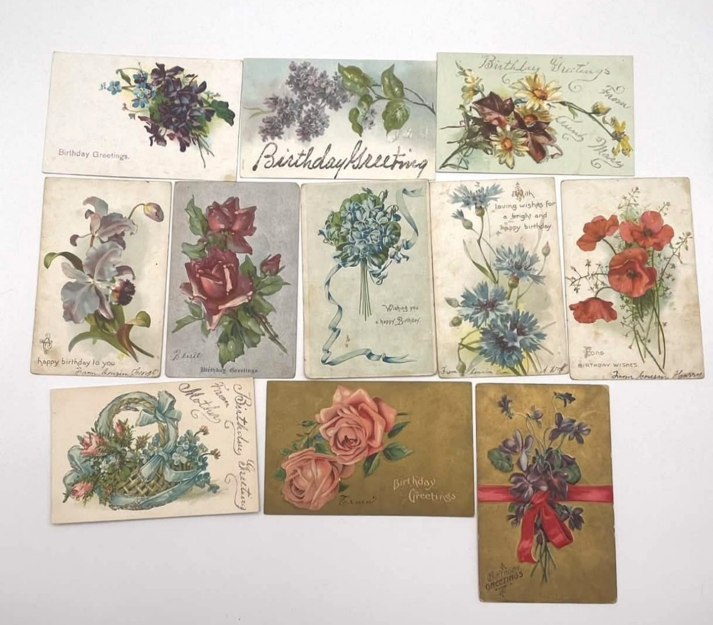 Antique Floral Birthday Greetings Postcard Lot of 11 Embossed Roses Flowers