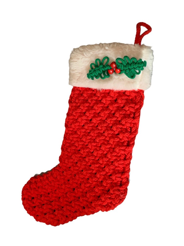 Christmas Stocking Sock Red Handmade Crochet Holly Accent Hang Decor Holiday-image