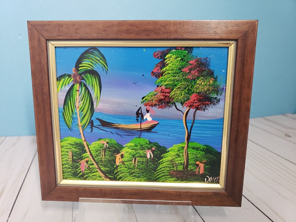 Vintage Tropical Mid Century Jamaica 1993 Oil Painting Signed Doice