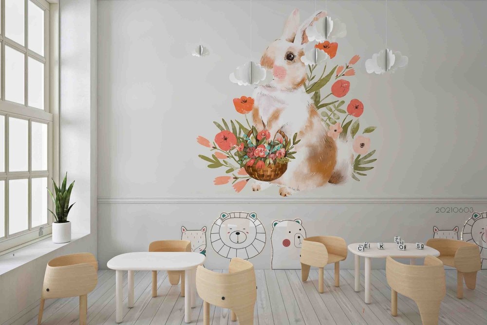 3D Rabbit Flower Watercolor Wall Murals Wallpaper Murals Wall Sticker 5