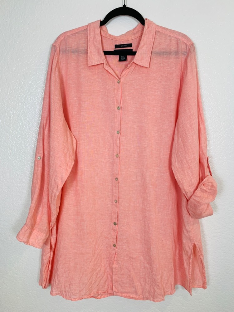 Tahari Pink Linen Tunic Top 2X Button Up Roll Tab Sleeve Breathable Sustainable