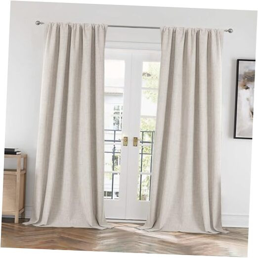 100% Blackout Linen Curtains 96 Inch Length 2 Panels with Back Tab & Rod Pocket