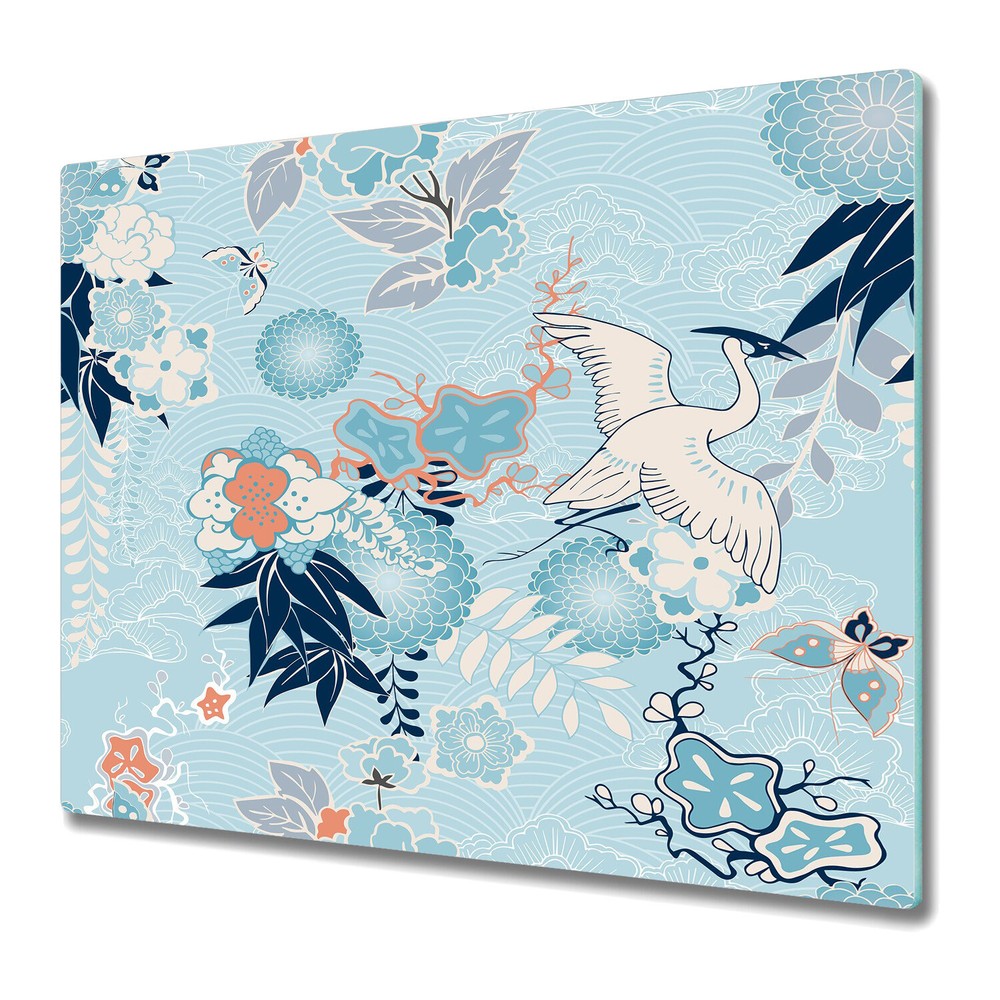 Glass Kitchen Chopping Board Kimono crane and flowers blue photo 60x52