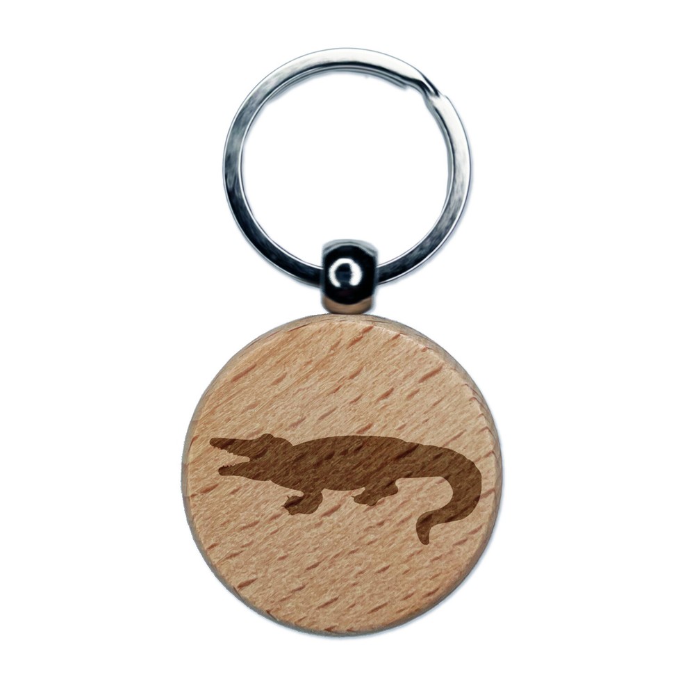 Alligator Crocodile Solid Engraved Wood Round Keychain Tag Charm