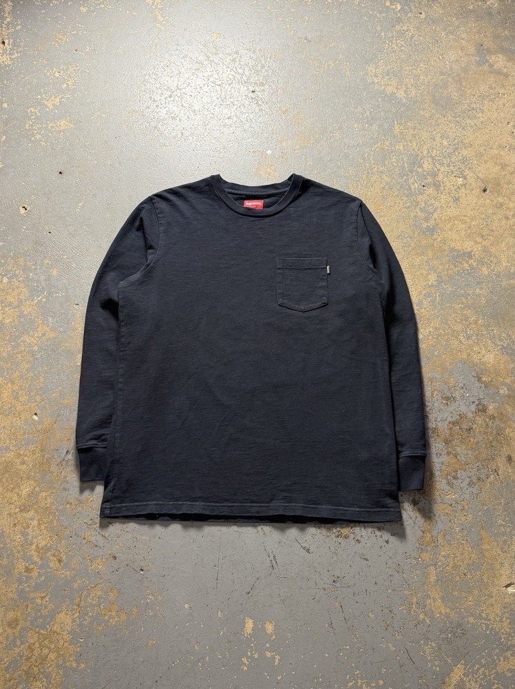 Supreme Black Long Sleeve 100% Cotton Pocket Tee Shirt-Size Large
