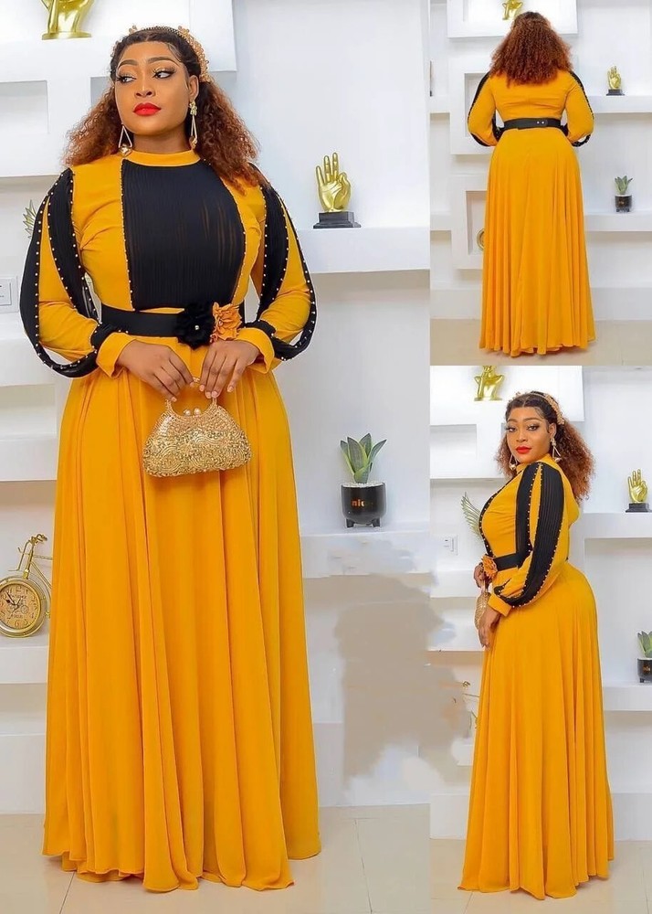 2024 new Plus size dress, long sleeved waistband, chiffon dress