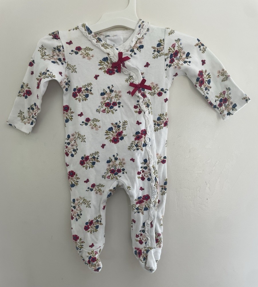 Laura Ashley Baby Girls Floral Lace Trim Snap-Up Long Sleeve 1-Piece White 3-6M
