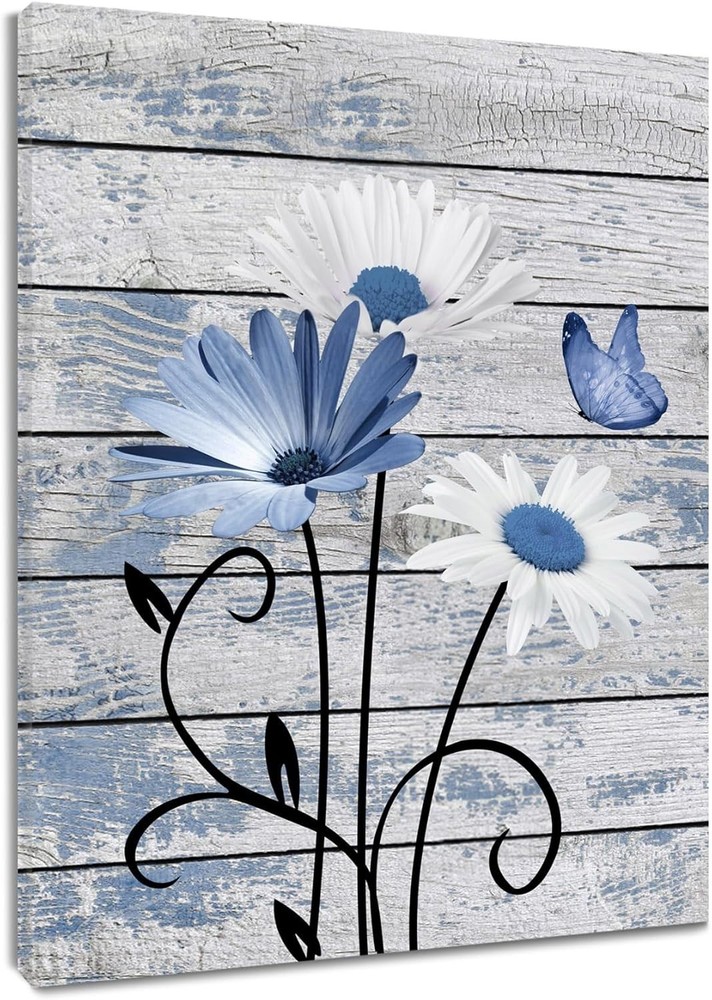 Farmhouse Floral Wall Art for Living Room, Blue and White Daisy Flower and Bu...