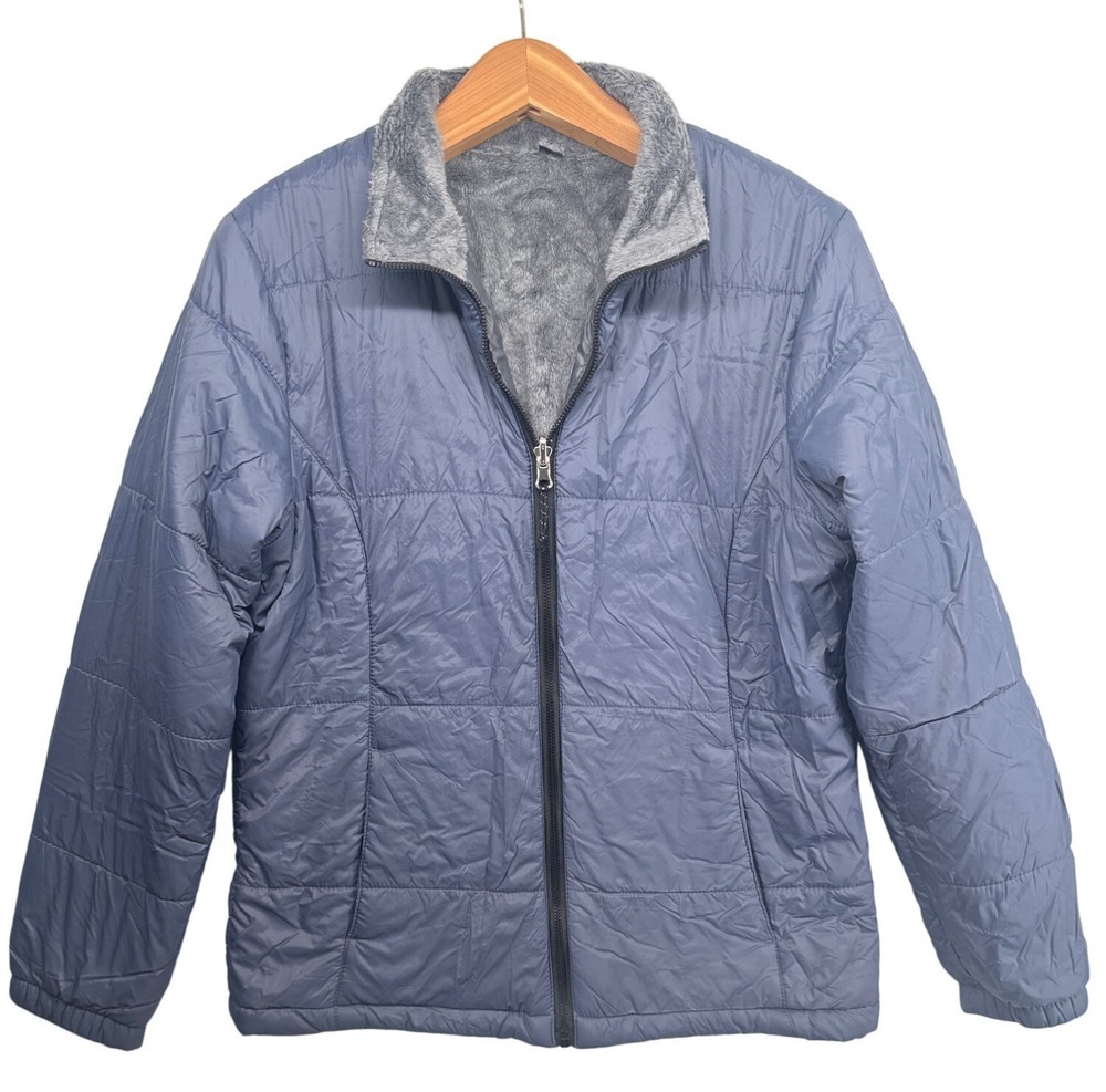 Free Country Womens M Petite Quilted Puffer Jacket Slate Blue Faux Fur Lined