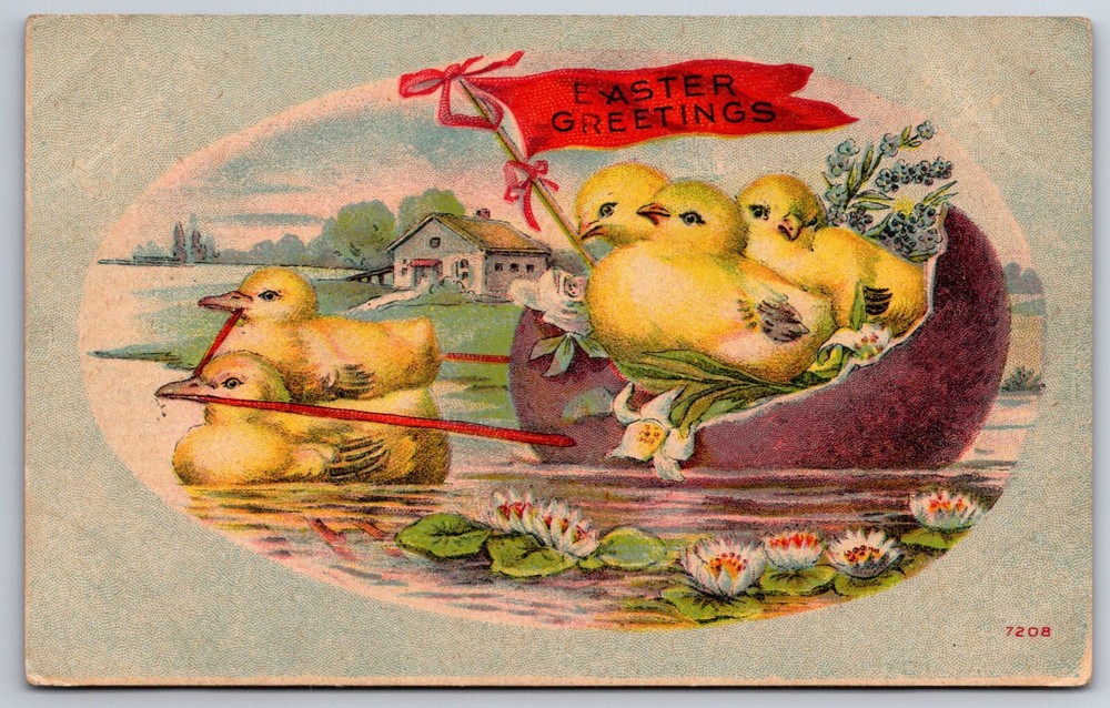 Easter Greetings~Chicks In Egg Boat W/ Flowers In Oval Frame~Vtg Winsch Postcard